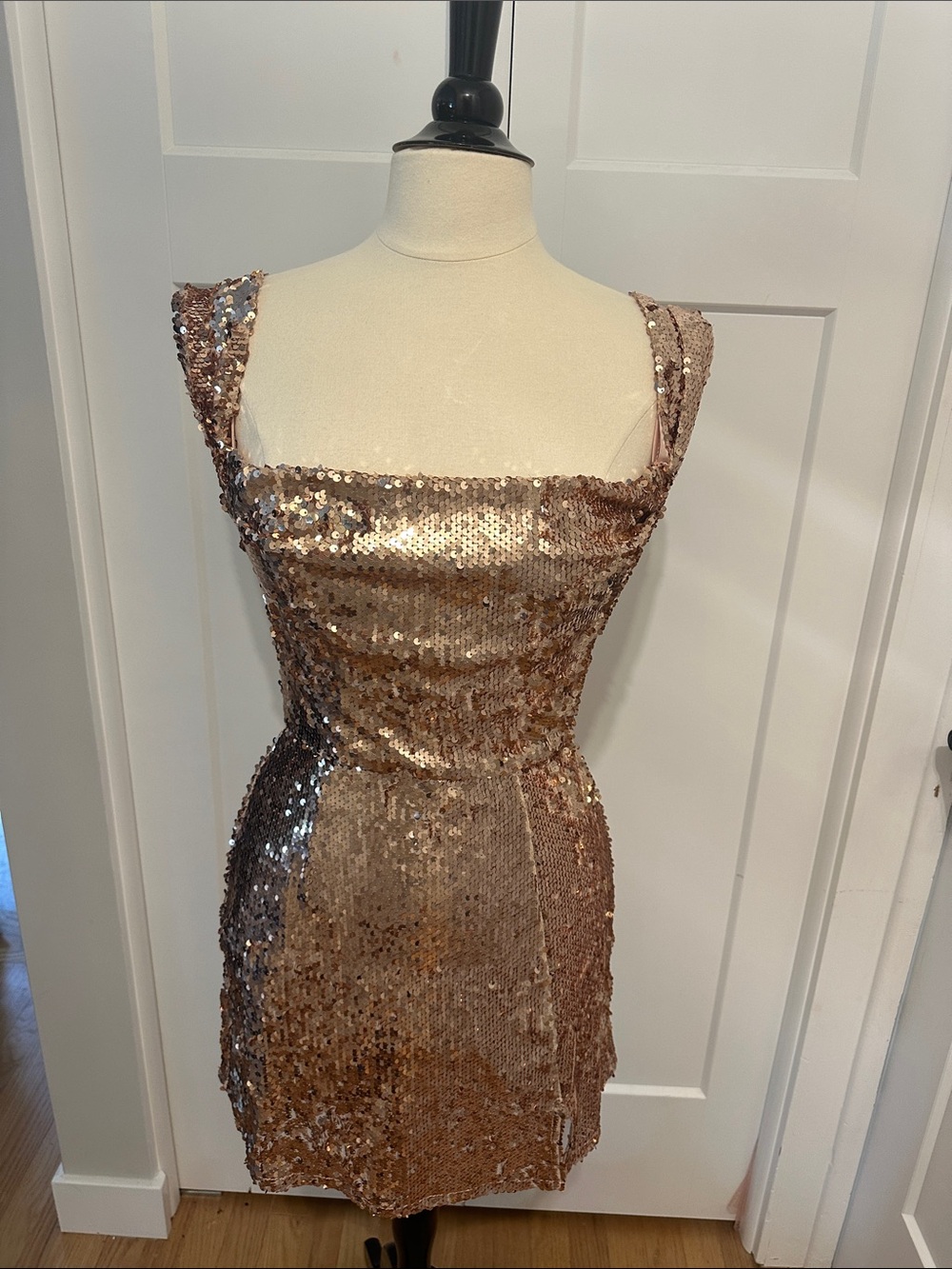 Blue Rain Rose Gold Sequin Square-Neck Mini Dress